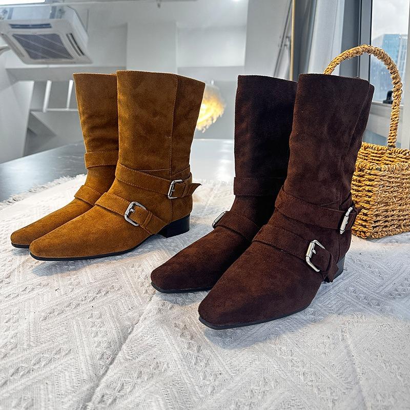 New retro suede short boots autumn and winter Martin boots casual pointed western denim buckle women's boots tide