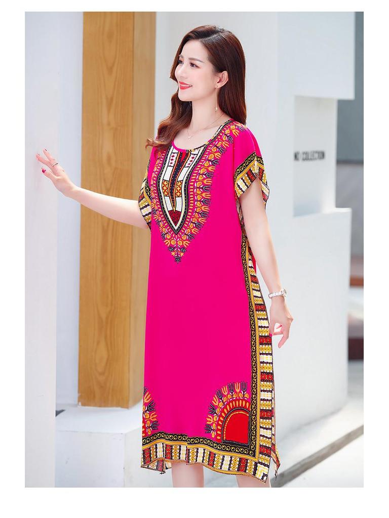 Summer Cotton Silk Loose Fit Mid-Length Bat Sleeve Dress for Women - Plus Size, Belly Covering, Slimming Beach Dress for Moms