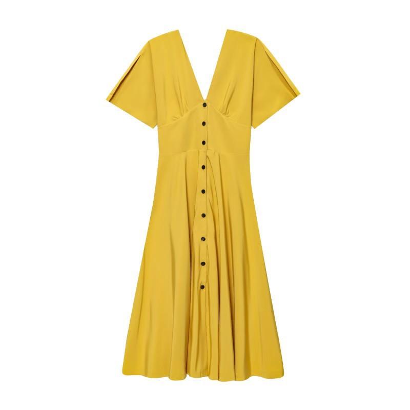 

European American Women s Clothing Summer Fashionable Single-breasted Waist V-neck Long Dress XS жовтий