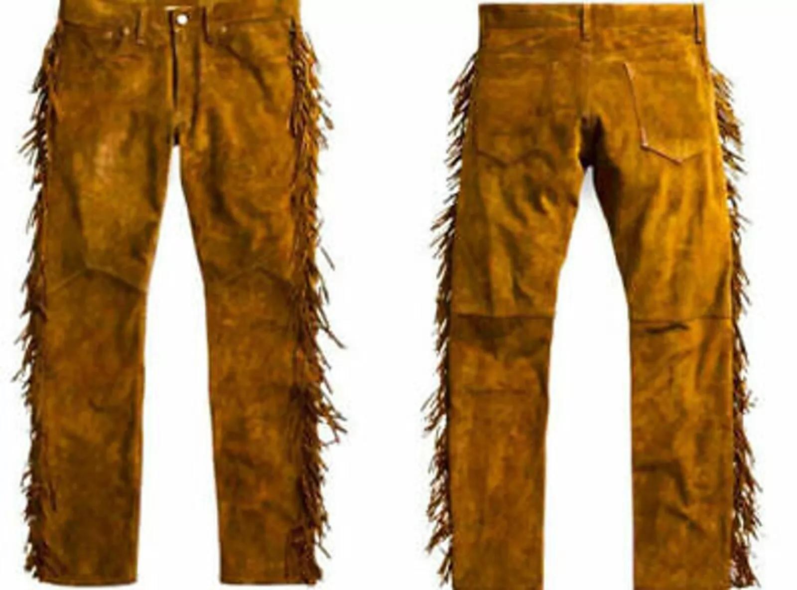 

Fringes Men Soft Suede Party Wear Genuine 100% Leather Brown Lambskin Pant Motorcycle 42 коричневий