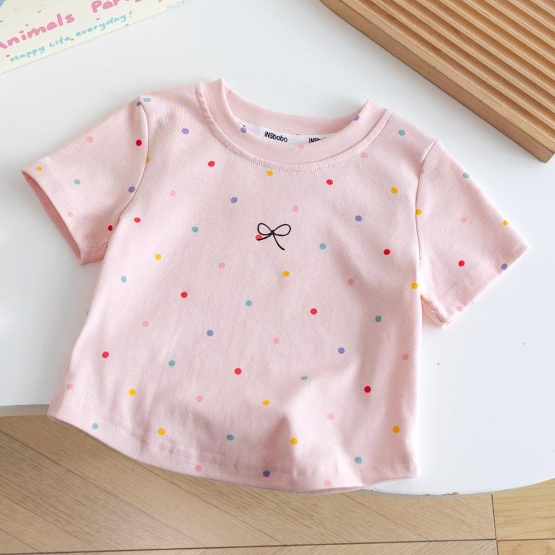 

Sweet Short Sleeved Girls T-shirt Korean Version Top Bow Polka Dot Printed Summer Cotton Children s Clothing 140 рожевий