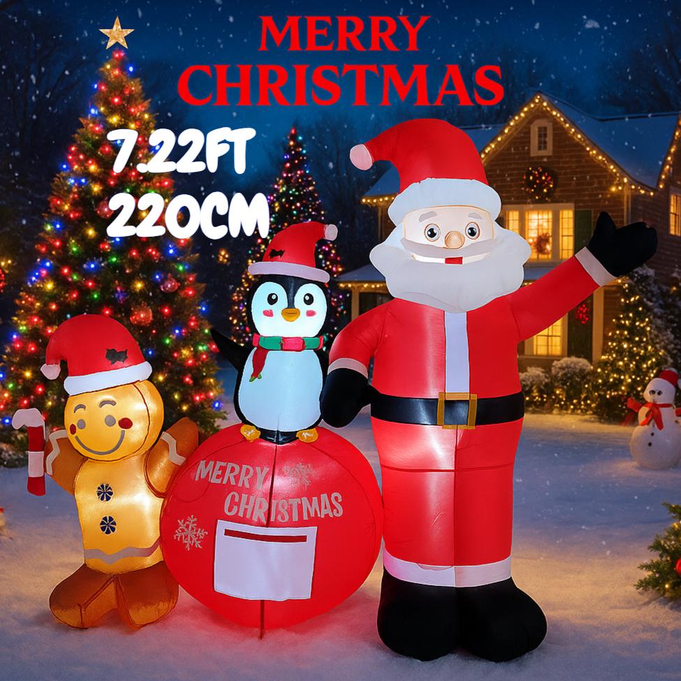 7.22FT Inflatable Santa Penguin Gingerbread Man Set Toy Xmas Yard Decoration Festive Gift LED Christmas Supplies Home Ornament