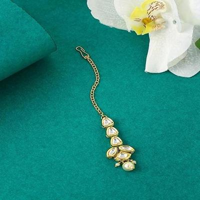 Maangtikka for Women Gold Toned Kundan Studded Floral Designed White Beads Drop Maangtikka for Women and Girls