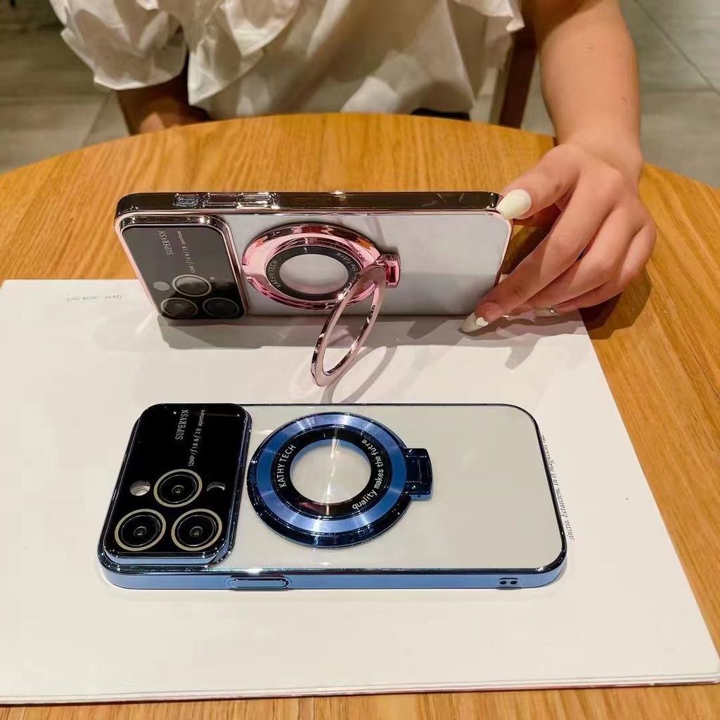 Applicable To Apple 14 Electroplated Large Window Magnetic Suction Bracket Mobile Phone Case IPhone 15 Pro Leak-proof Cover