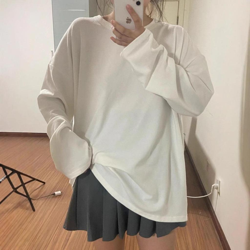 Women's White Long-Sleeve Round Neck Top, 2024 Autumn Loose Style