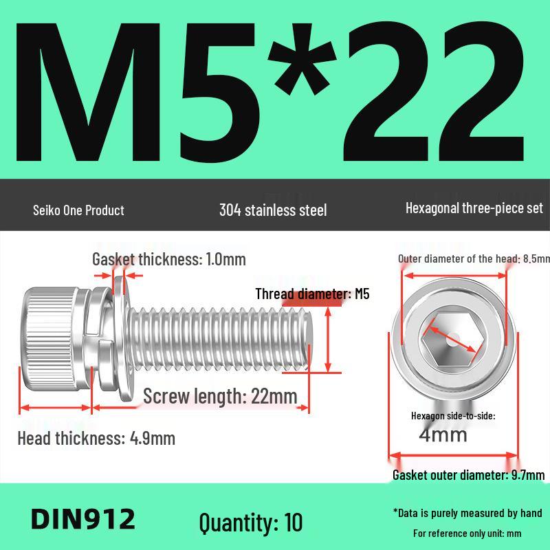 304 Stainless Steel Hex Socket Cap Screw with Washer - Sizes M3, M4, M5, M6, M8, M12