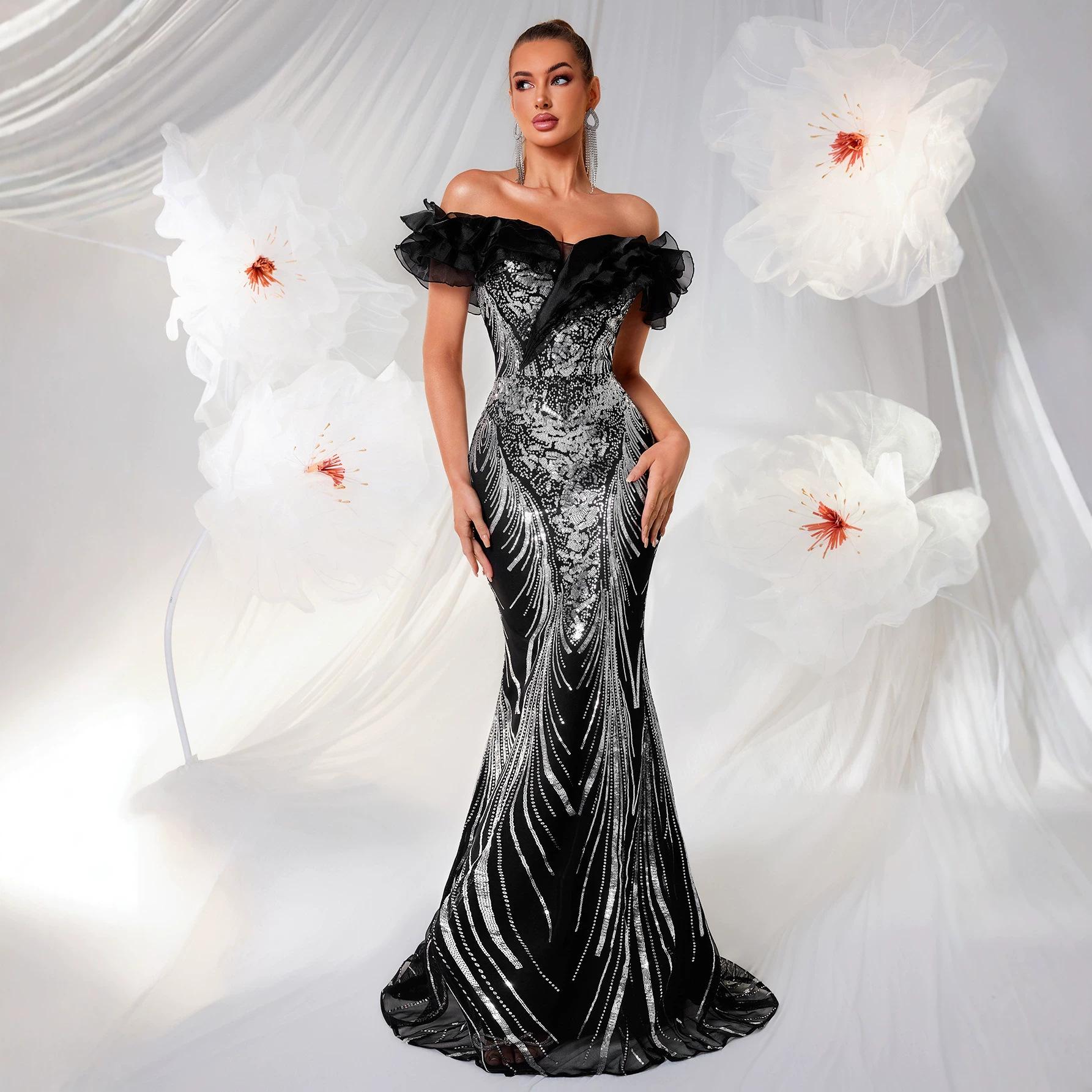 High-end light luxury one-word shoulder ruffle edge evening dress, silver sequins slim and thin dinner party fishtail dress XS чёрный