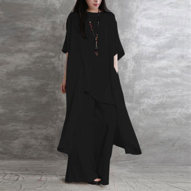 Women's Cotton Linen 2-Piece Casual Sportswear Set with Short Sleeve O-neck Top and Trousers