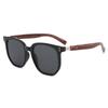 Unisex Sunglasses with High-End Vibe: Wood Grain Legs, Metal Studs, Square Frame—Stylish Sun Protection for Round Faces.