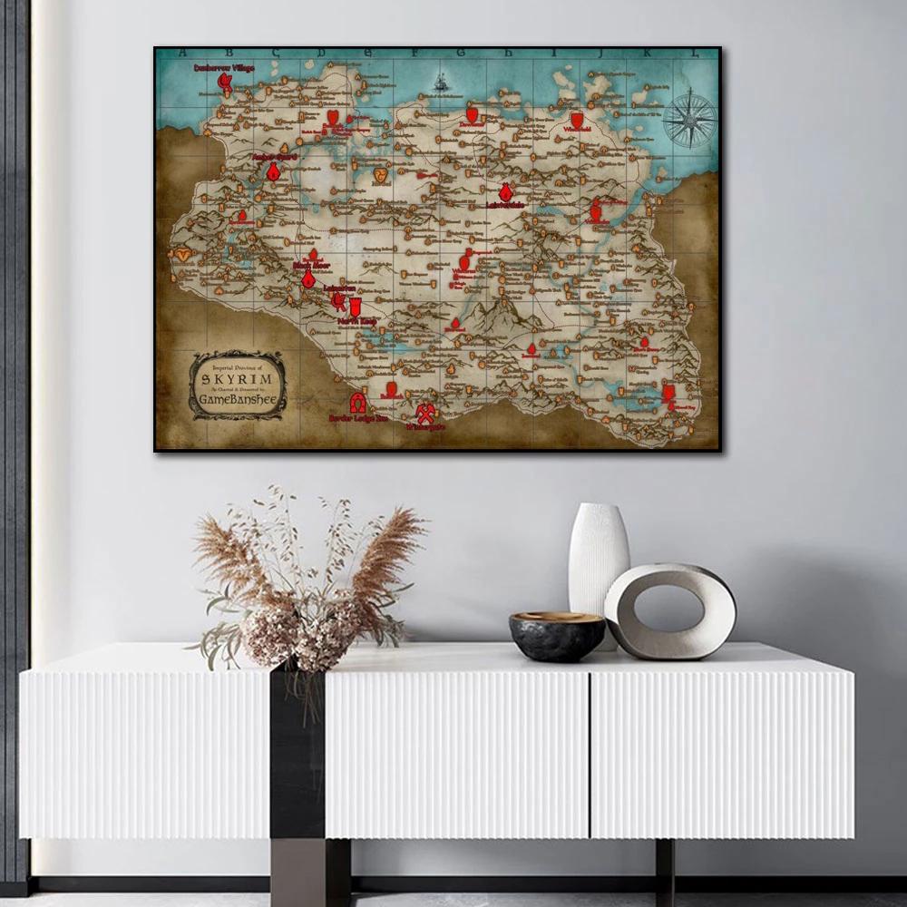 Nástěnné umění Mapa Skyrimu Hra Elder Scrolls Vintage plakáty a tisky Plátno pro obývací pokoj Domácí dekorace hogar moderno Bez rámu