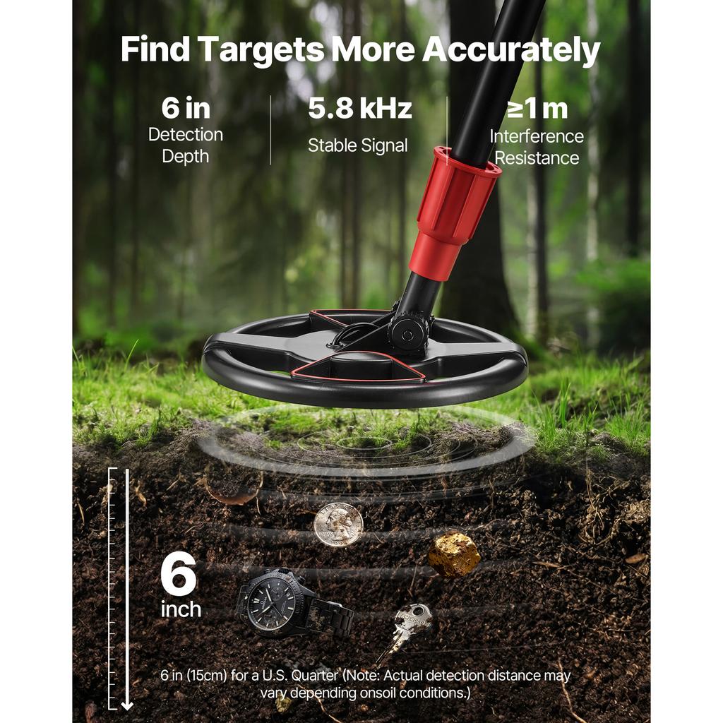 SucceBuy Metal Detector 6" Lightweight LCD Display IP68 Waterproof Search Coil Adjustable 22.8-33.8" High Accuracy For Hunting