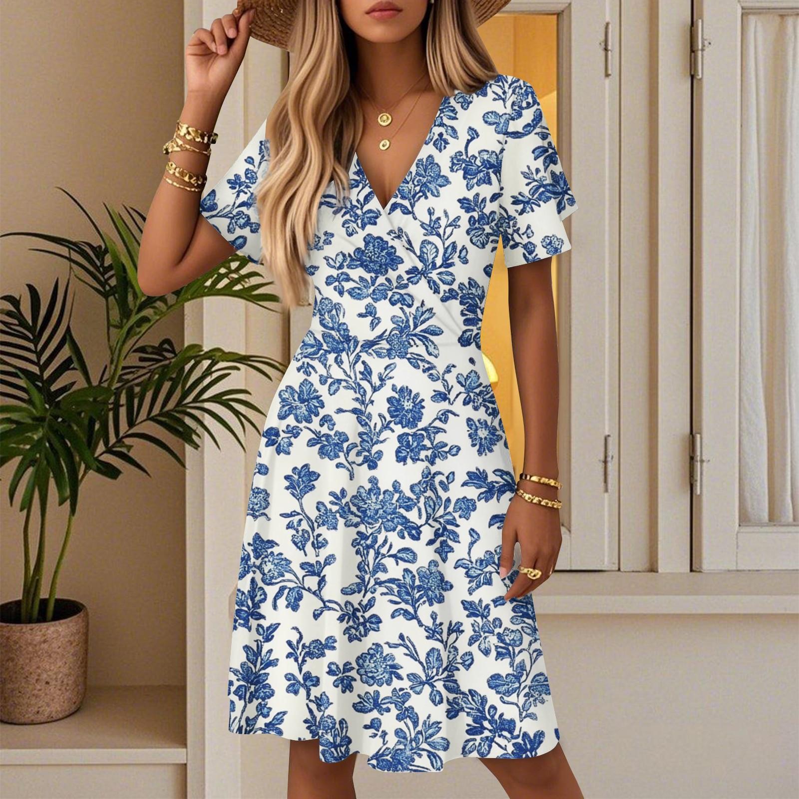 

Women s Summer Fashion Floral Print Dress Casual Beach A-Line V-Neck Loose Sundress XXL