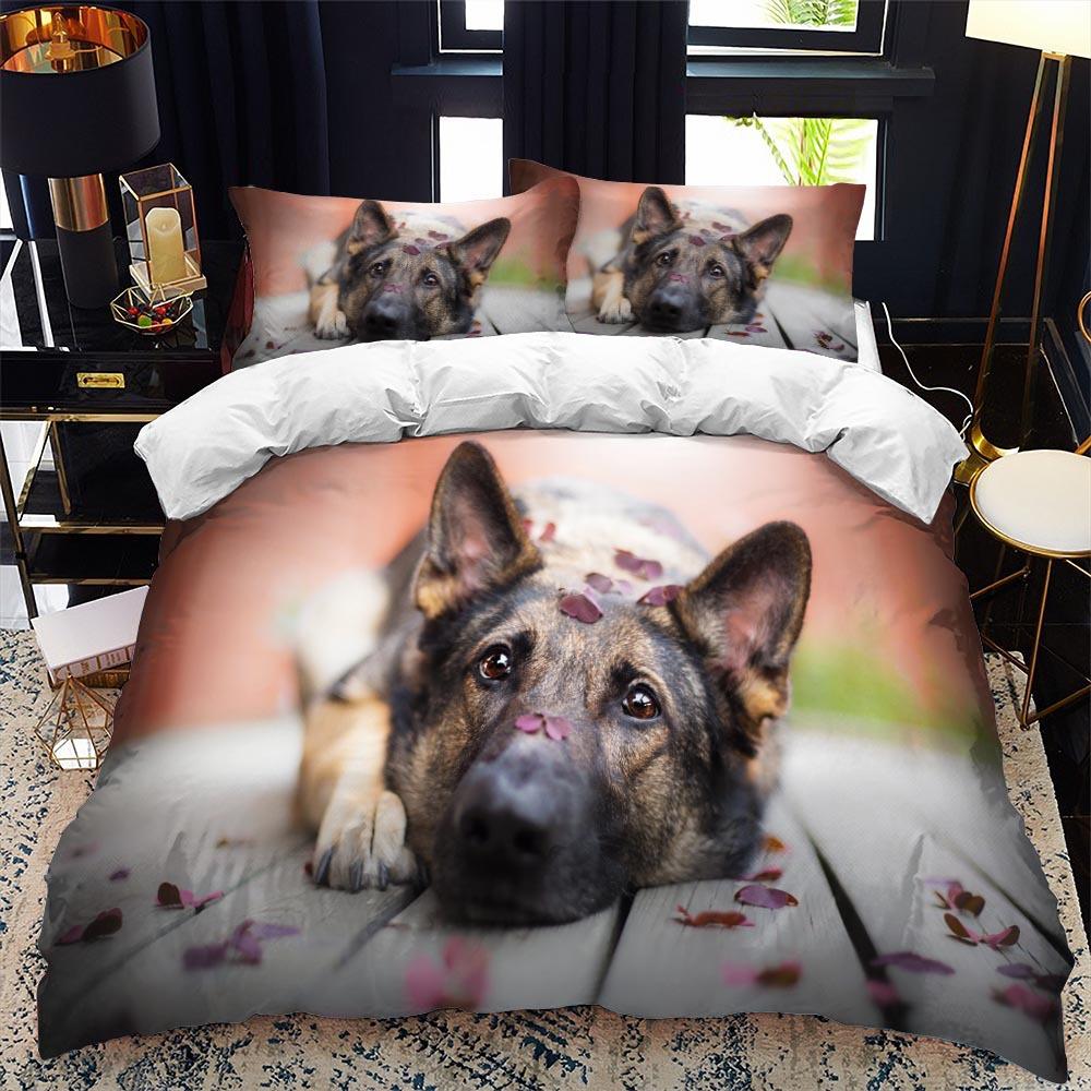 German Shepherd Duvet Cover Set King/Queen Size Purebred Hound Animal Bedin Set Kids Cute Dog Puppy Polyester  Meeting Cover