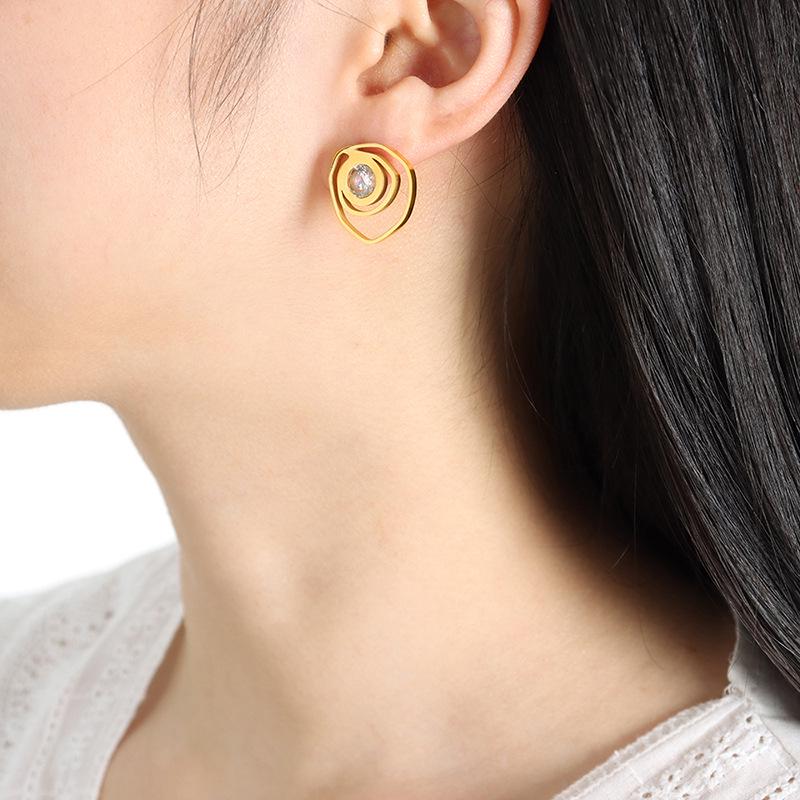 Niche French Geometric Rose Zirconia Hoop Earrings - Colorfast Titanium & Stainless Steel Jewelry for Women