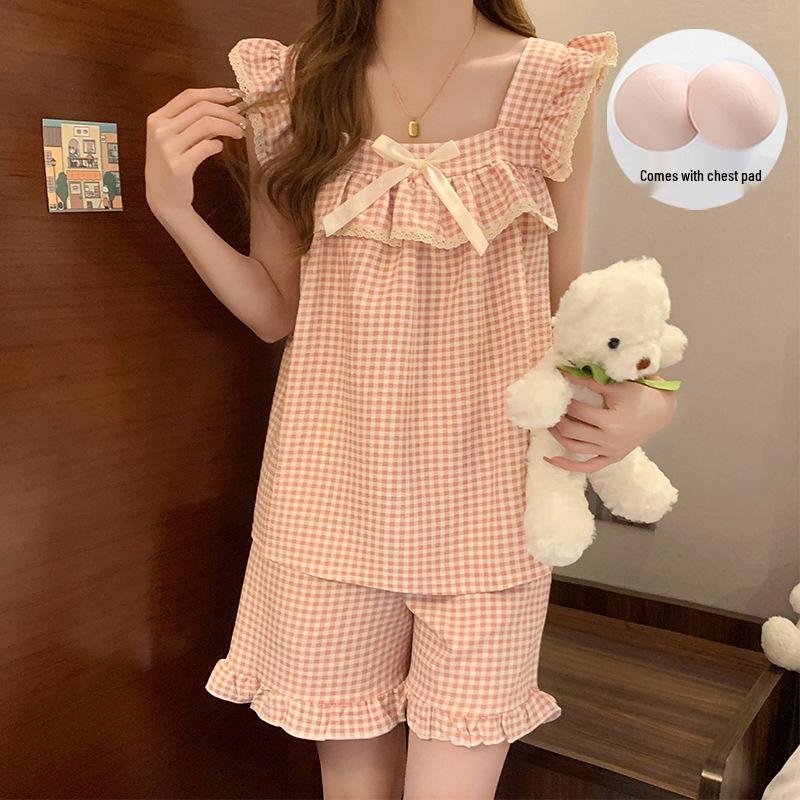 Women's Bubble Wrinkle Summer Plaid Pajama Set with Fixed Chest Pads - Sweet & Cute Homewear Suitable for Outdoor Wear