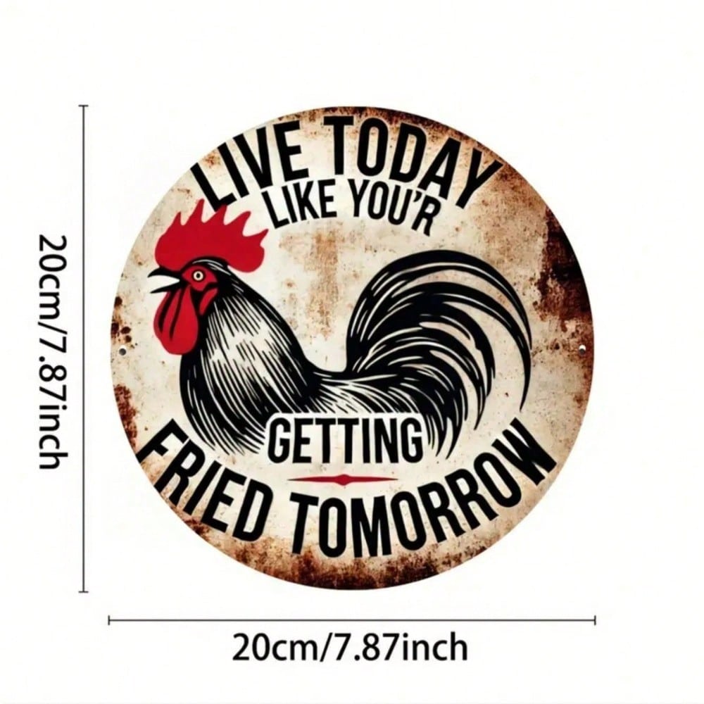 8-Inch Round Metal Sign, Live Today Like You're Going To Be Bombed Tomorrow, Rooster Design Wall Decor for Homes, Cafes, Bars