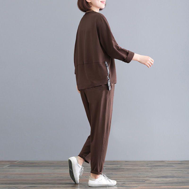 Dámský oblek Velká velikost Bavlněná košile s dlouhým rukávem Kalhoty Dvoudílný Kulatý výstřih Top a Dlouhé kalhoty 2dílný oblek