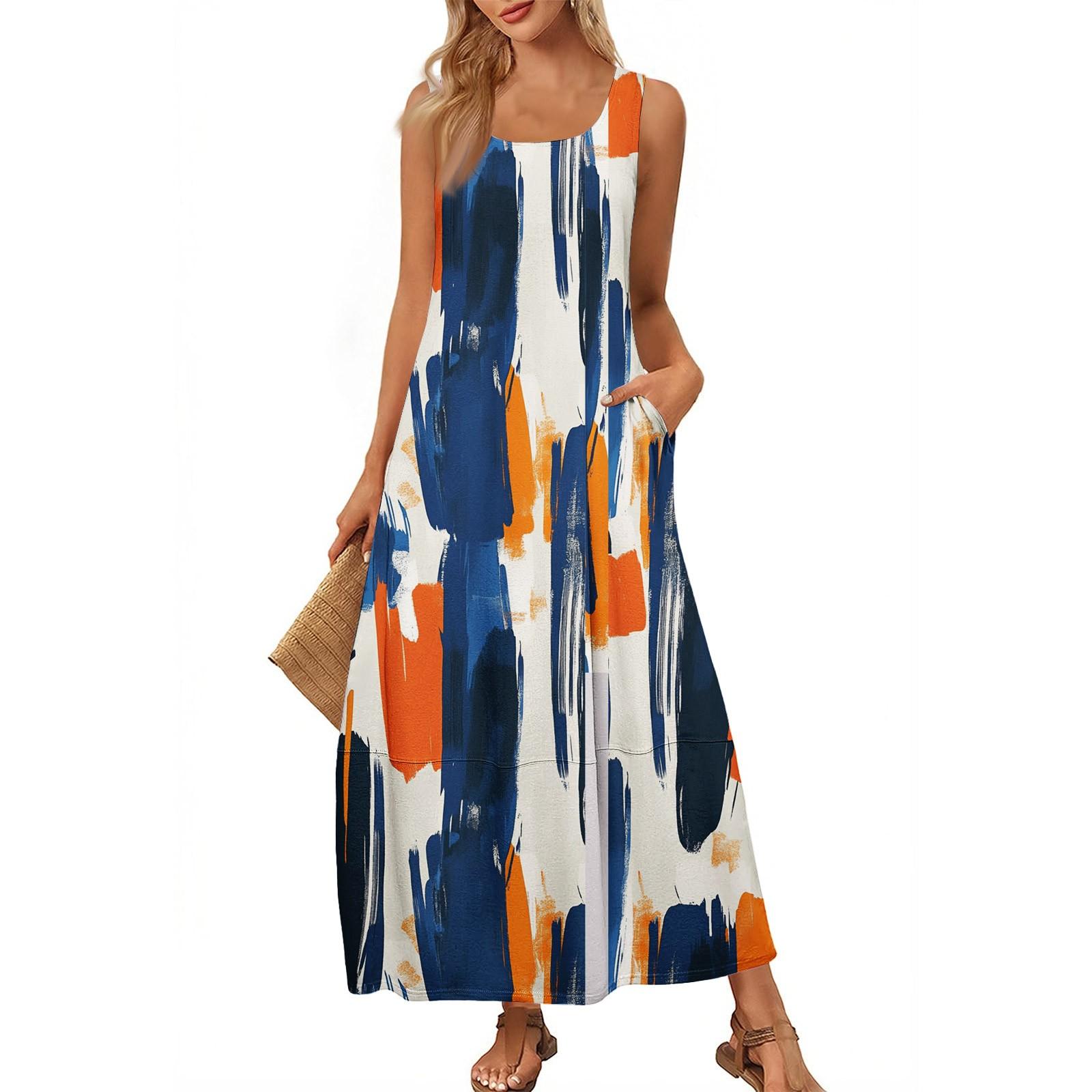 Женский повседневный длинный сарафан, летнее пляжное платье, круглый вырез, без рукавов, свободный сарафан S