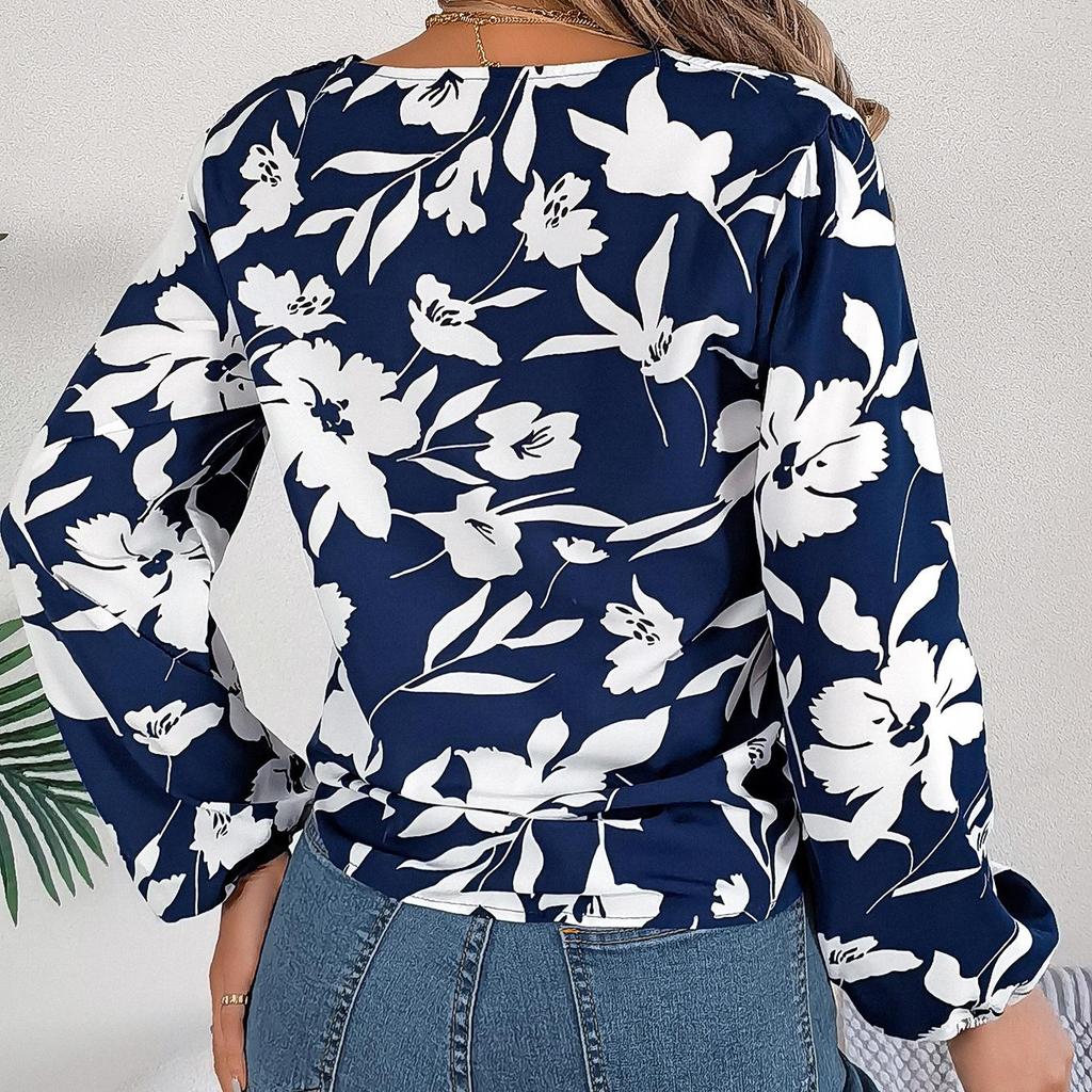 Women Spring Autumn Temperament Print V-Neck Long Sleeve Shirt Blouses