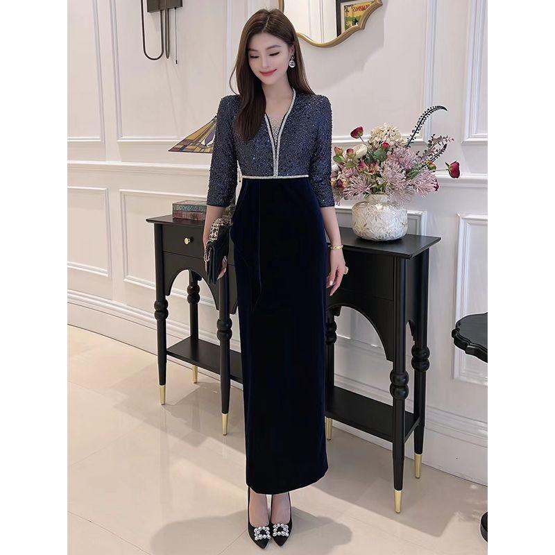 

2024 Ранняя весна Новое поступление Тяжелая вышивка Пайетки Бриллиантовый воротник Элегантность Слим Бархат Мода Нарядное платье Платье Длинное Dark blue 3XL