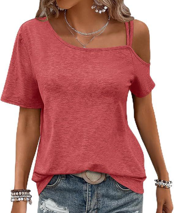 

Европейская и американская женская трансграничная мода 2025 года: Рубашка однотонная с короткими косыми рукавами и Т-образным плечом L