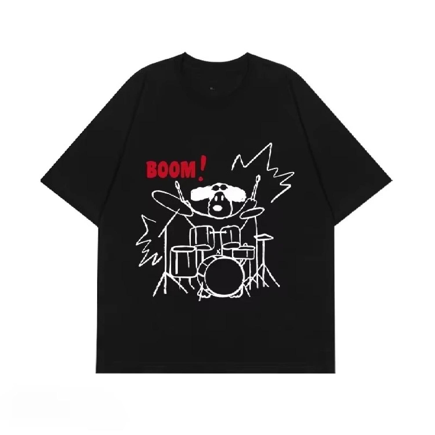 

Summer Hand-painted Rock Puppy Drum Set Graffiti Print Short Sleeve Kids Tshirt Lazy Casual Loose Men and Women Street Style Top S чёрный