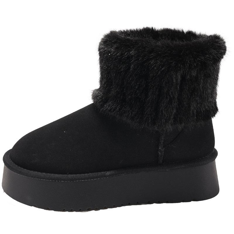 Women's Fur Mouth Thick Sole Large Size Thickened Winter Warm Fur One Snow Boots Padded Lining Ankle Boots Non-slip Hiking Sports Cotton Boots