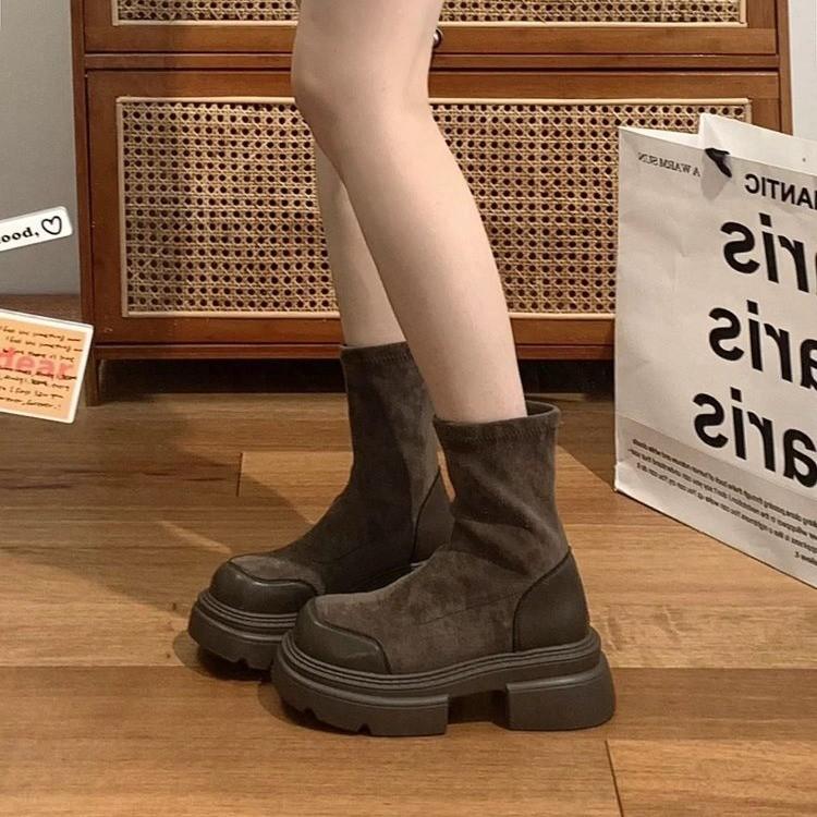 Retro Martin Boots Women's Autumn New Warm Versatile Thick-soled Thick-heeled Short Boots Elastic Thin Boots