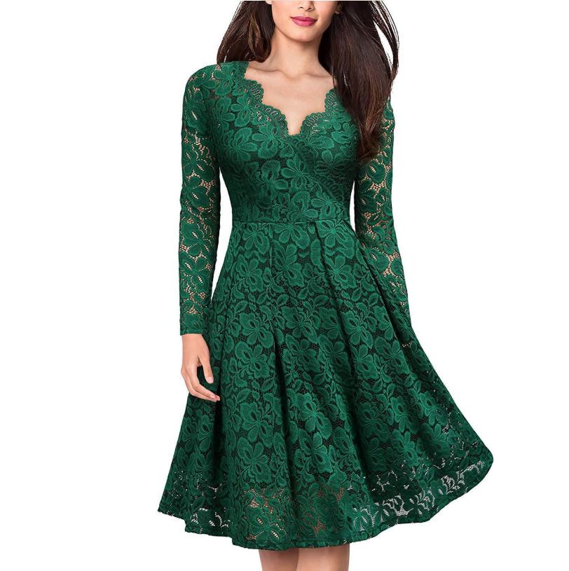 Women Lace A-Line Dress Spring Autumn V Neck Long Sleeve Lace Crochet Patchwork WineRed Slim Party Dresses