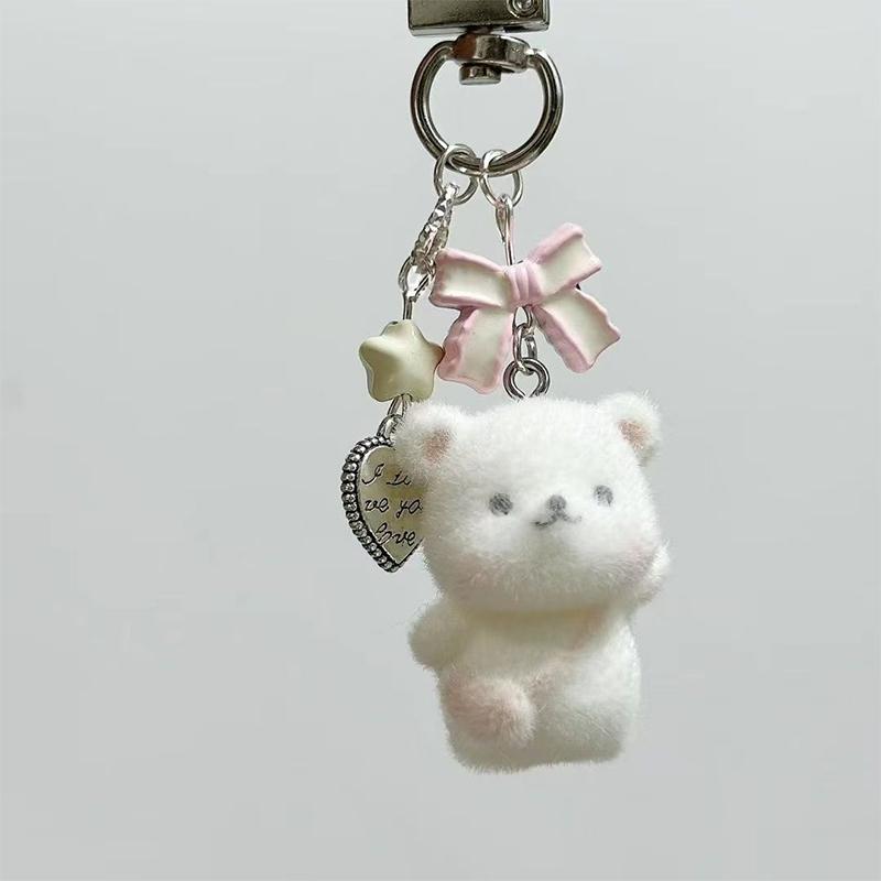 Cartoon Cute 3D Flocking Bear Backpack Keychain For Mobile Phone Earphone Camera Chain Jewelry Making Couple Gifts Ornaments