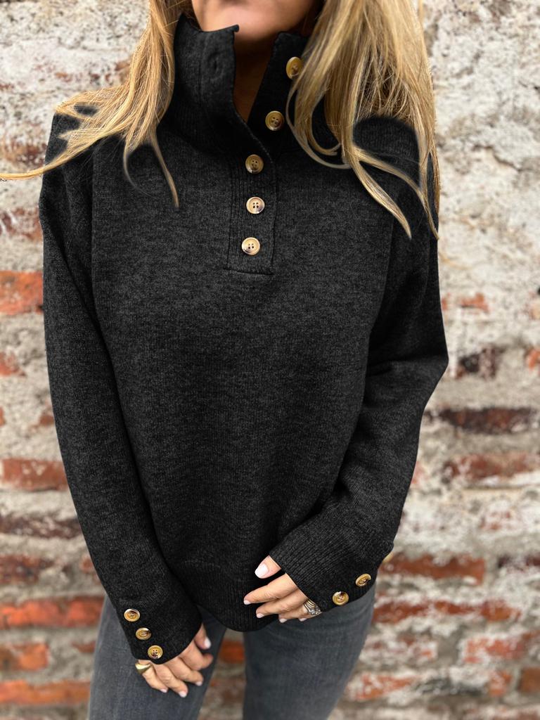 Autumn New Style Stand Collar Knit Sweater Women's Casual Loose Pullover with Buttons