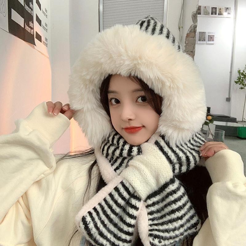 Autumn Winter Japanese Style Cute Plush Ear Protection Scarf Hat Integrated Knitted Fleece Lined Thickened Warm Wool Lei Feng Hat