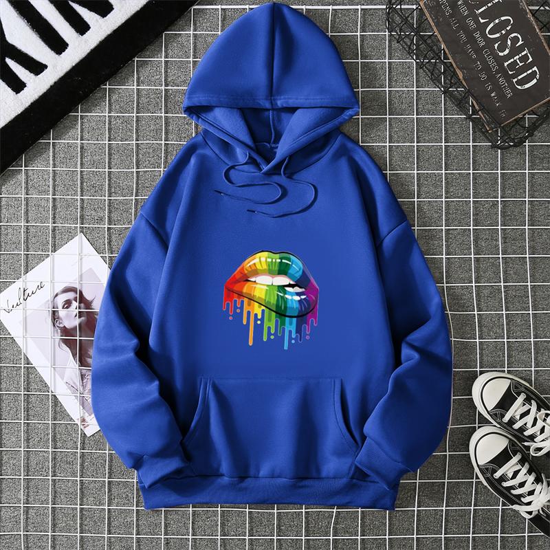 Fashion Women's Colorful Lips Print Hoodie Women's Outdoor Street Hooded Pocket Hoodie Women's Sweatshirt Women's Clothes