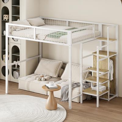 Hoogslaper 140*200 met ladder, kinderbed met ijzeren frame en opbergrek, kledingkast wit (Oude SKU LDB00198AAK)
