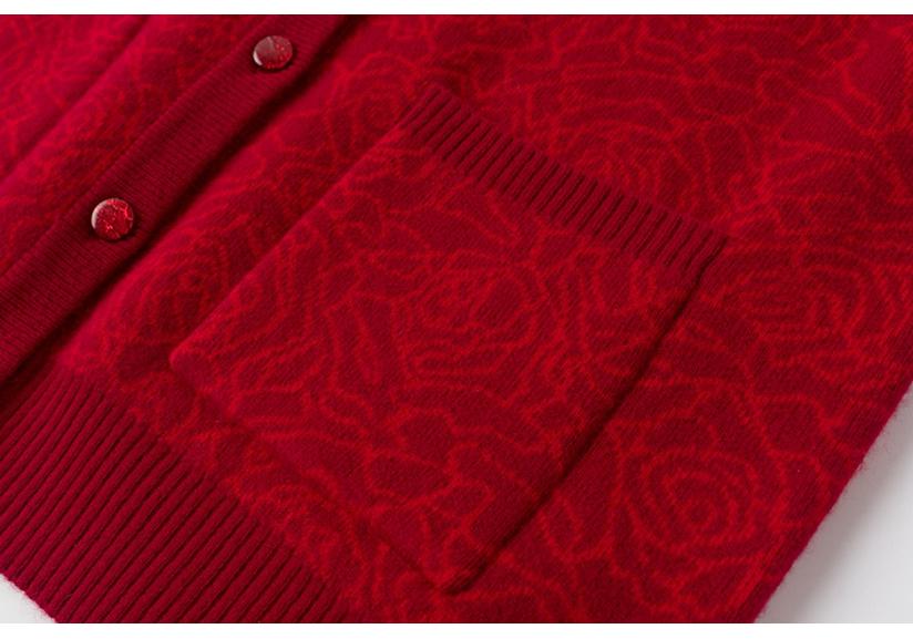 Women's Fashionable Red Pure Wool Jacquard Sweater Coat for Middle-Aged and Elderly Mothers