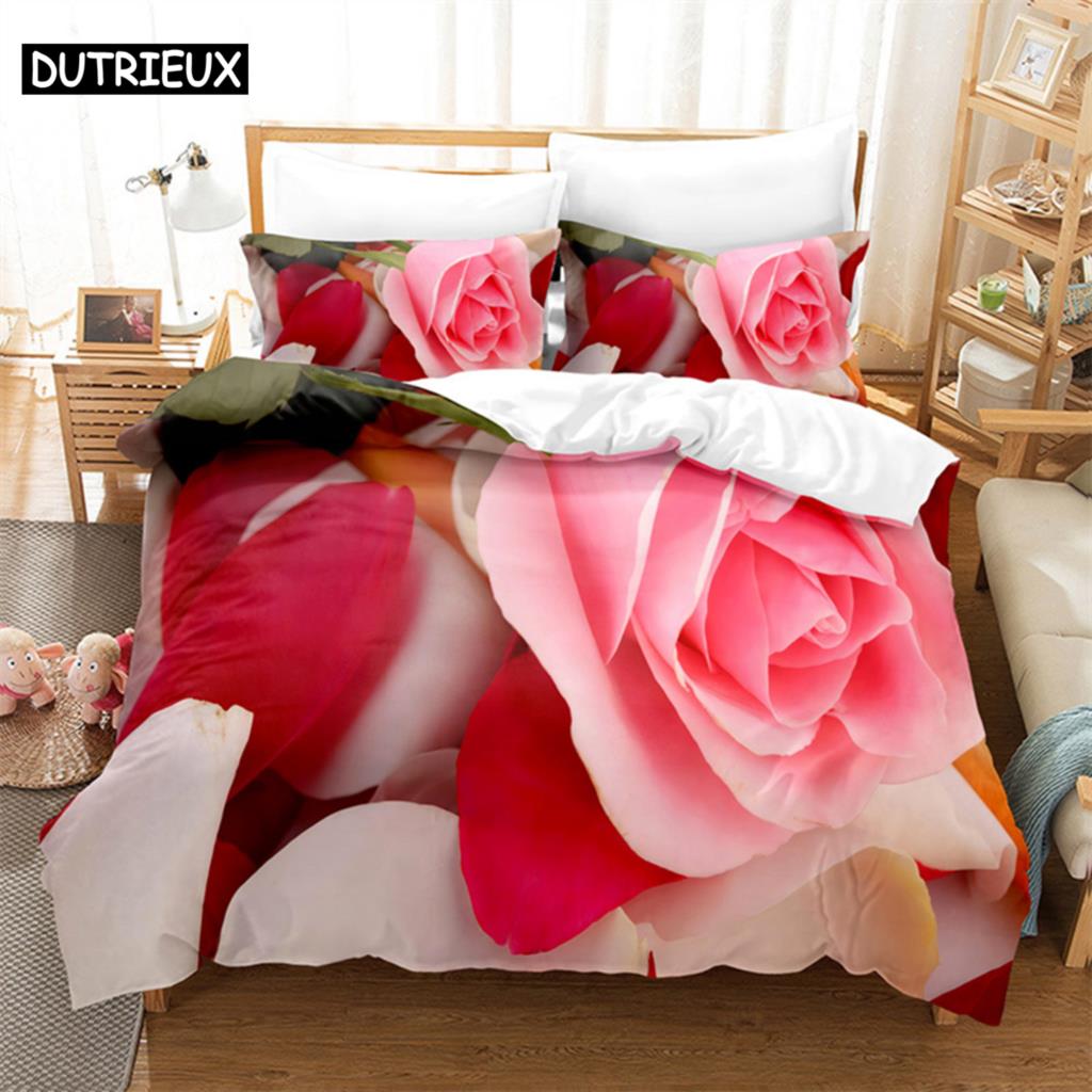 Rosenrosa Verliebte Queen Bettwäsche-Set Bettbezug Kinderzimmer Bett-Set Deckenbezug-Set King-Size Bettbezug-Set Bettwäsche-Sets