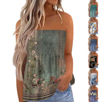 2024 Tube Tops For Women,Cute Sexy Off Shoulder Floral Print Sleeveless T-Shirt