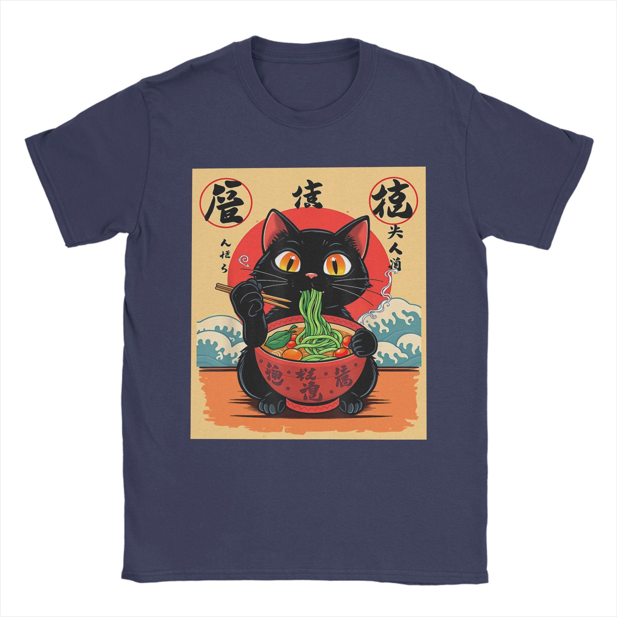 

Japanese Black Cat Ramen Men T Shirt Kawaii Noodle Cat Humor Tees Short Sleeve Round Collar T-Shirt Cotton Gift Idea Tops 4XL