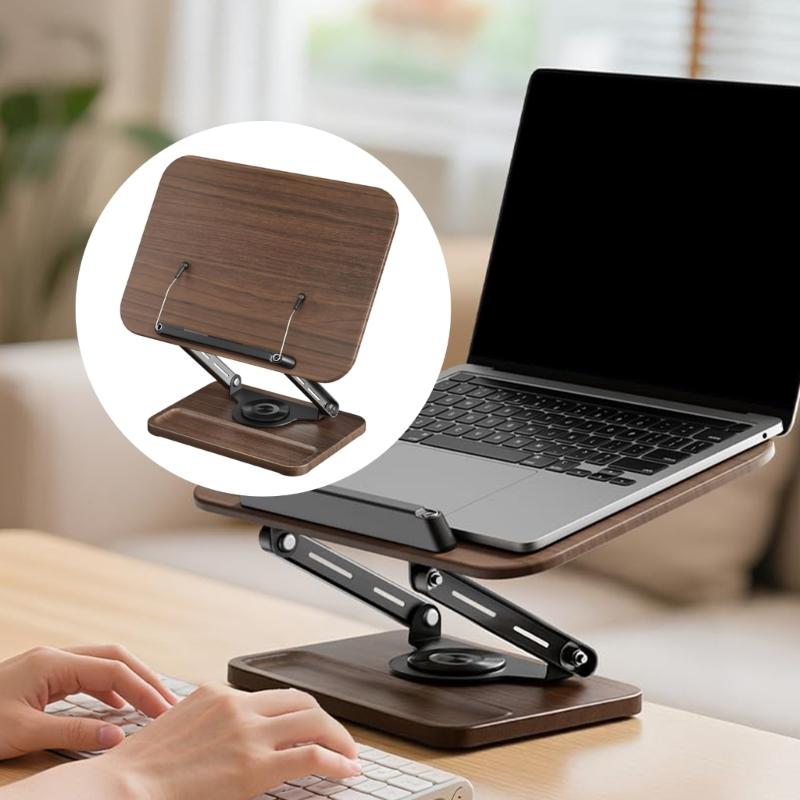 Adjustable Bookstand for Study and Cooking 360 Smooth Rotation Expandable Page Clip Heavy Duty Wood Base Mini Storage