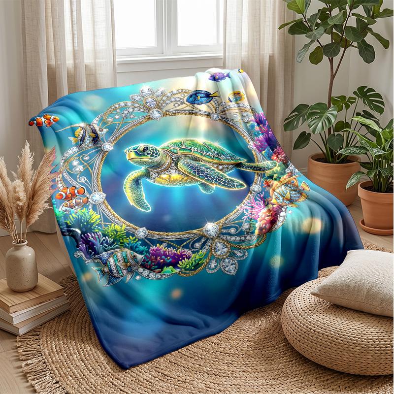 Oceanic Jeweled Turtle 1 Theme Blanket Lightweight Warm Flannel Blanket Decorative Throw Blanket for Home Decoration