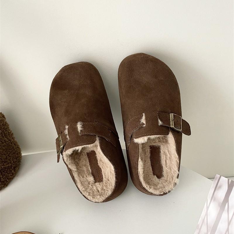 2025 new autumn and winter leather inner heightening loafer cotton drag loafer shoes women's bag head half slippers outer hair slippers