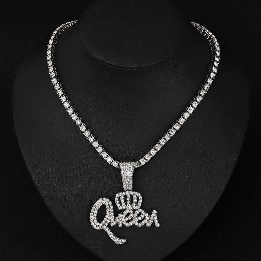 Hip Hop Zinc Alloy Crown Queen Letter Full Diamond Pendant Temperament Personality Necklace Jewelry