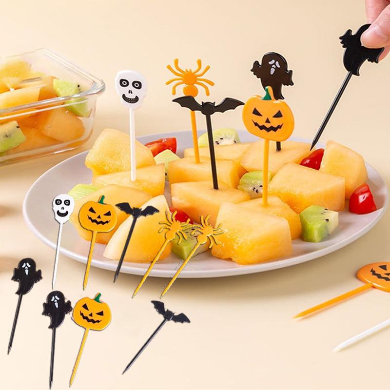50PCS Plastic Halloween Toothpicks Halloween Cupcake Topper Ghost Bat Spider Fruit Toothpicks Halloween Party Cake Decorations