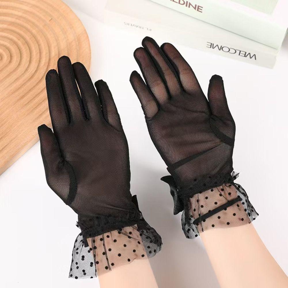 Retro Sweet Black Lace Gloves Polka Dot Mesh Wedding Bridal Gloves White Beige Long Finger Mittens Banquet