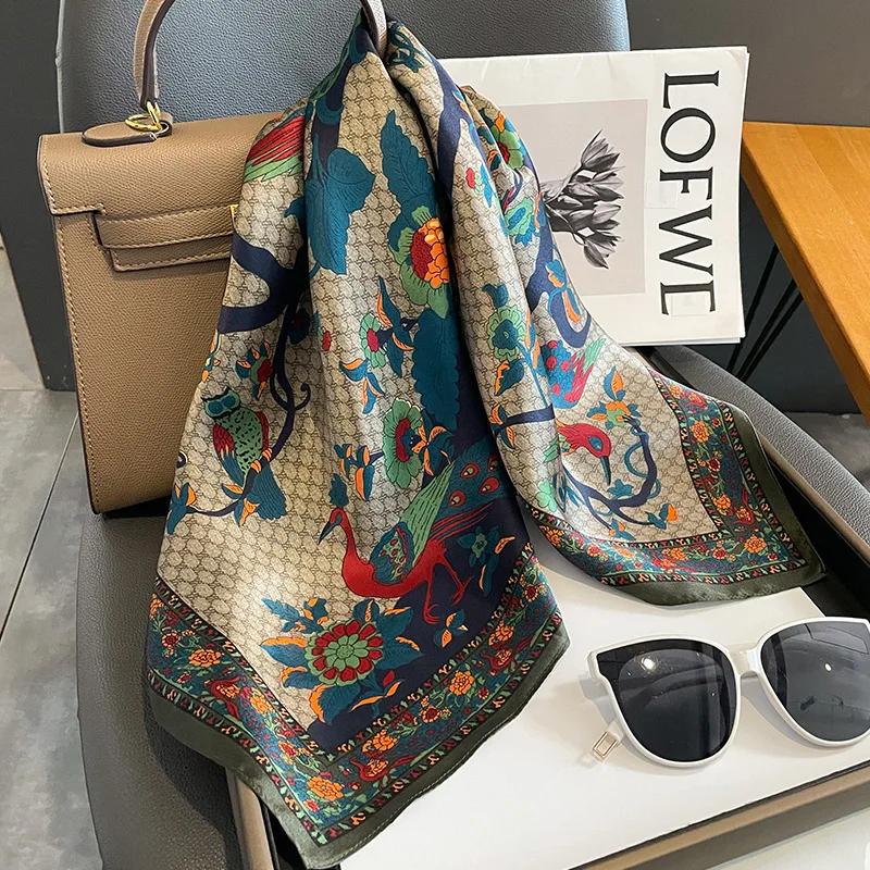 New 100% Nature Silk Square Scarf for Women Retro Floral Print Neckerchief Hairband Foulard Lady Kerchief Bag Ribbons Headband