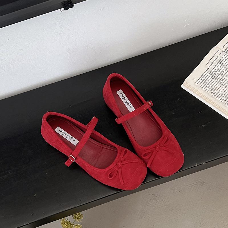 Sheepskin Version~ French Bow Gentle Mary Jane Shoes Women's One-word Buckle Ballet Shoes Shallow Mouth Flat Shoes