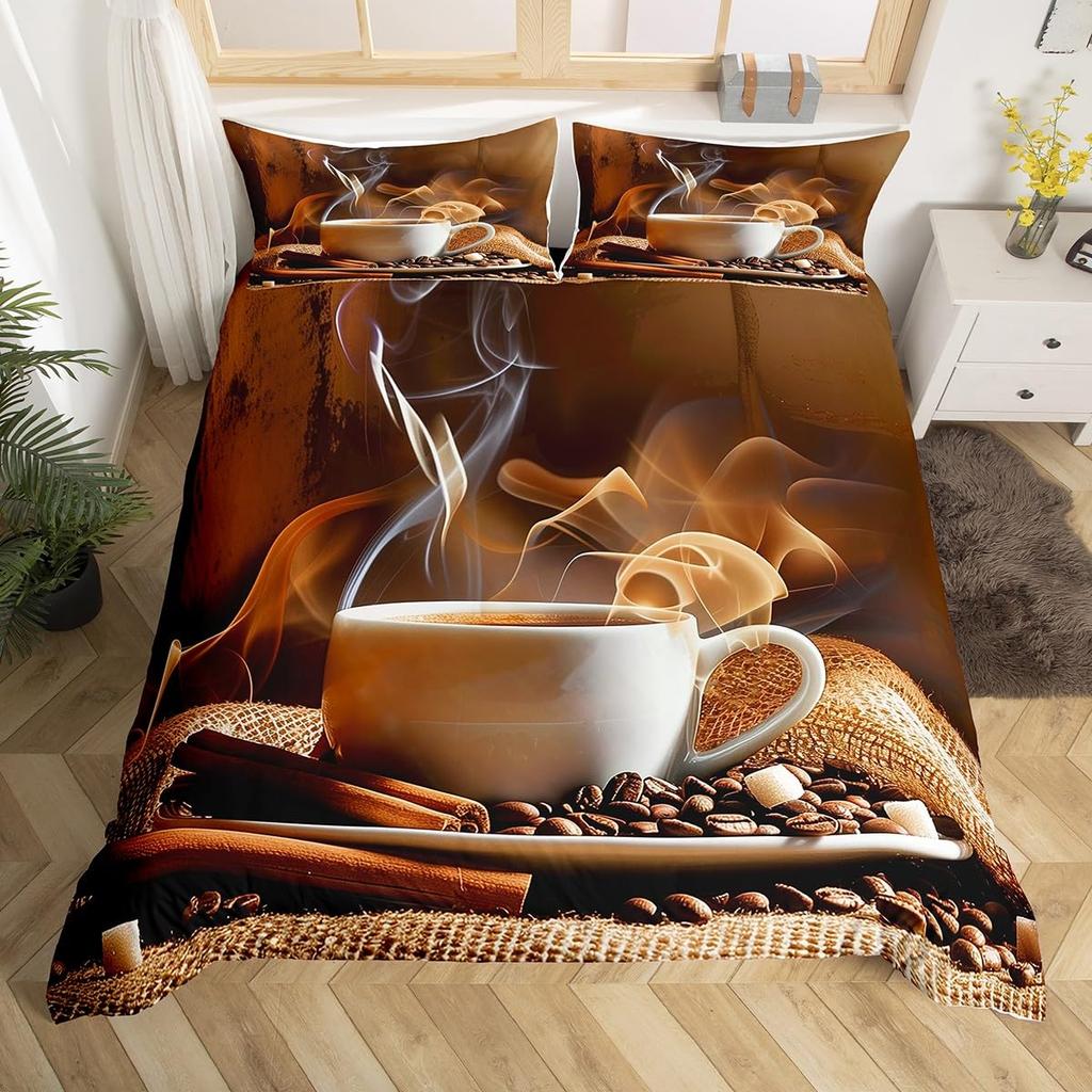 Coffee Duvet Cover Queen King Cartoon Coffee Drink Cup Print Bedding Set Coffee Lover Comforter Cover Modern Brown Quilt Cover