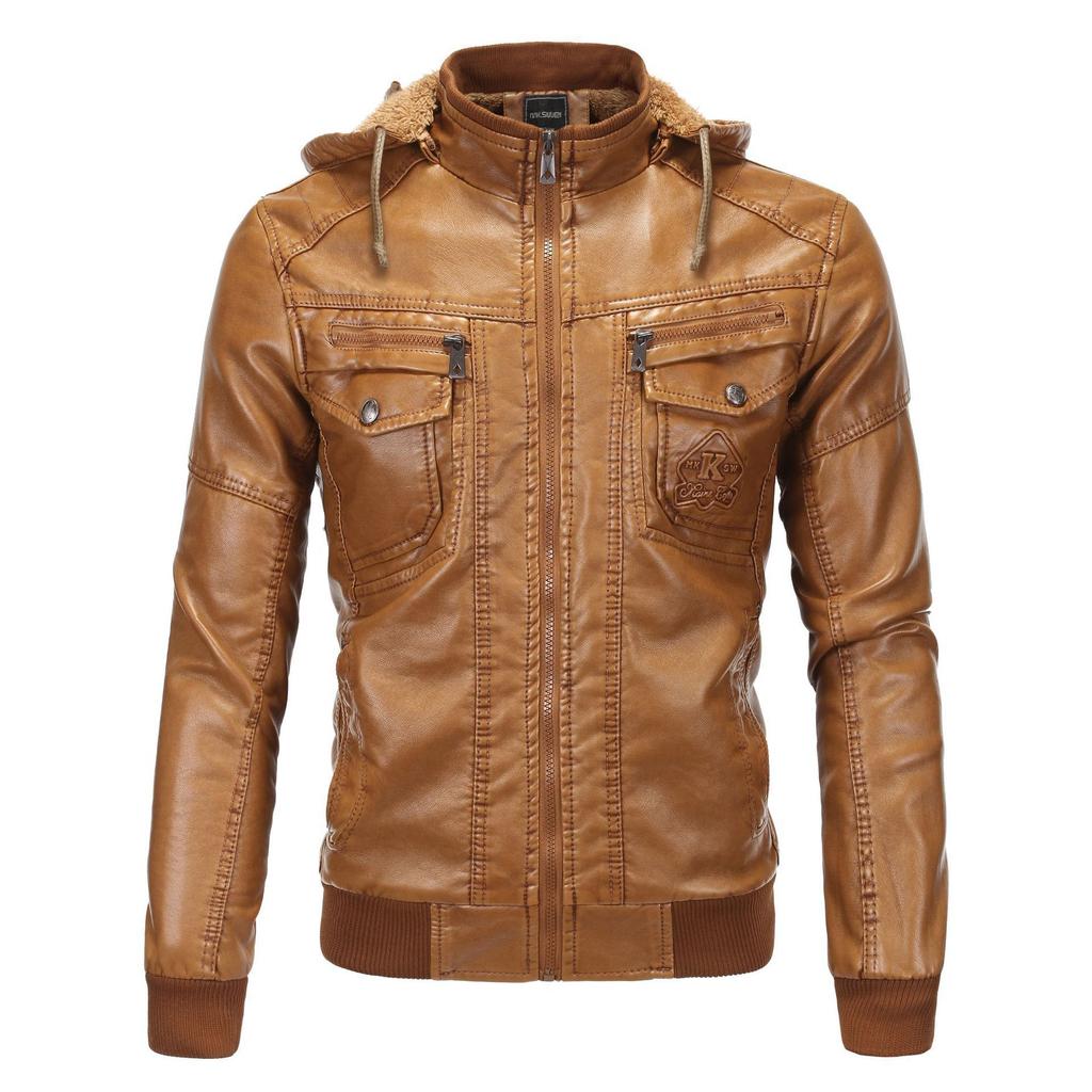 Winter Fleece Thickened PU Leather Jacket Men's Jacket Large Size British Fashion Hooded Leather Jacket Men's Top