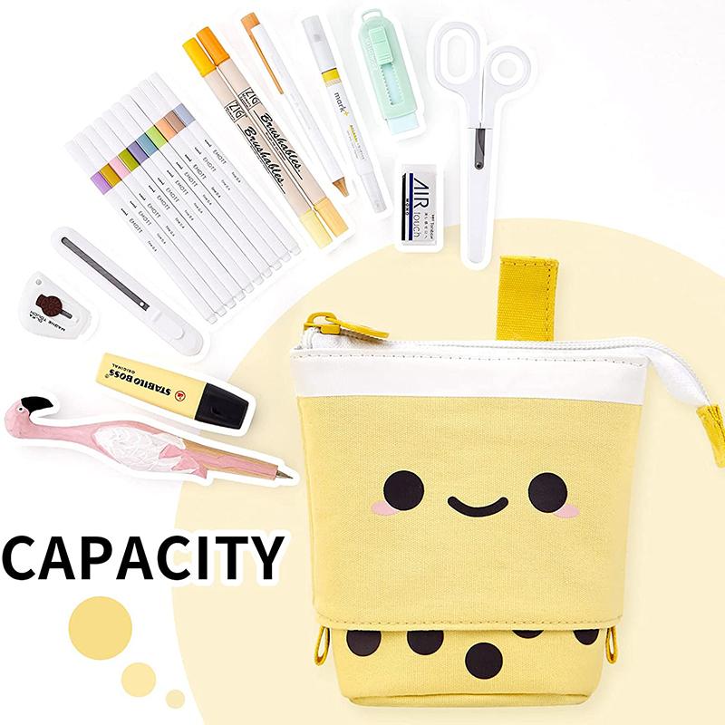 Telescopic Pen Bag Pencil Storage Holder Cute Boba Milk Tea Makeup Brush Stand Portable Stationery Case Home Organization Pouch