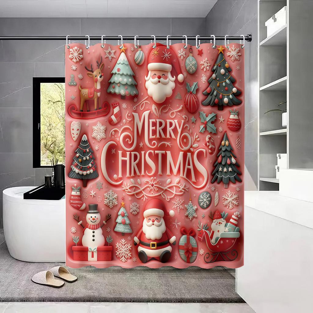1Pc Imitation Relief Pink Santa Claus Print Waterproof Shower Curtain Partition Privacy Hanging Curtain 12 Hooks Multiple Sizes